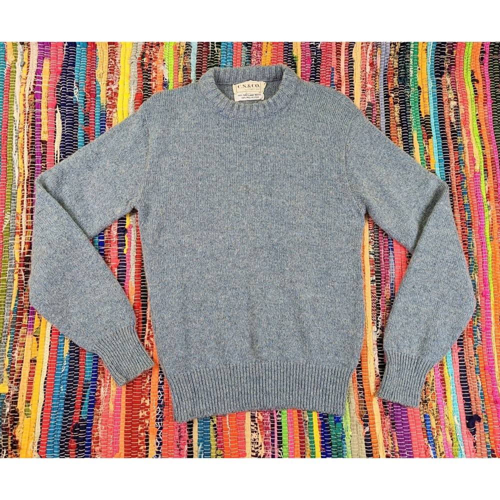 VTG 80's County Seat Womens M Shetland Wool Blend Knit Sweater Crew Neck Blue